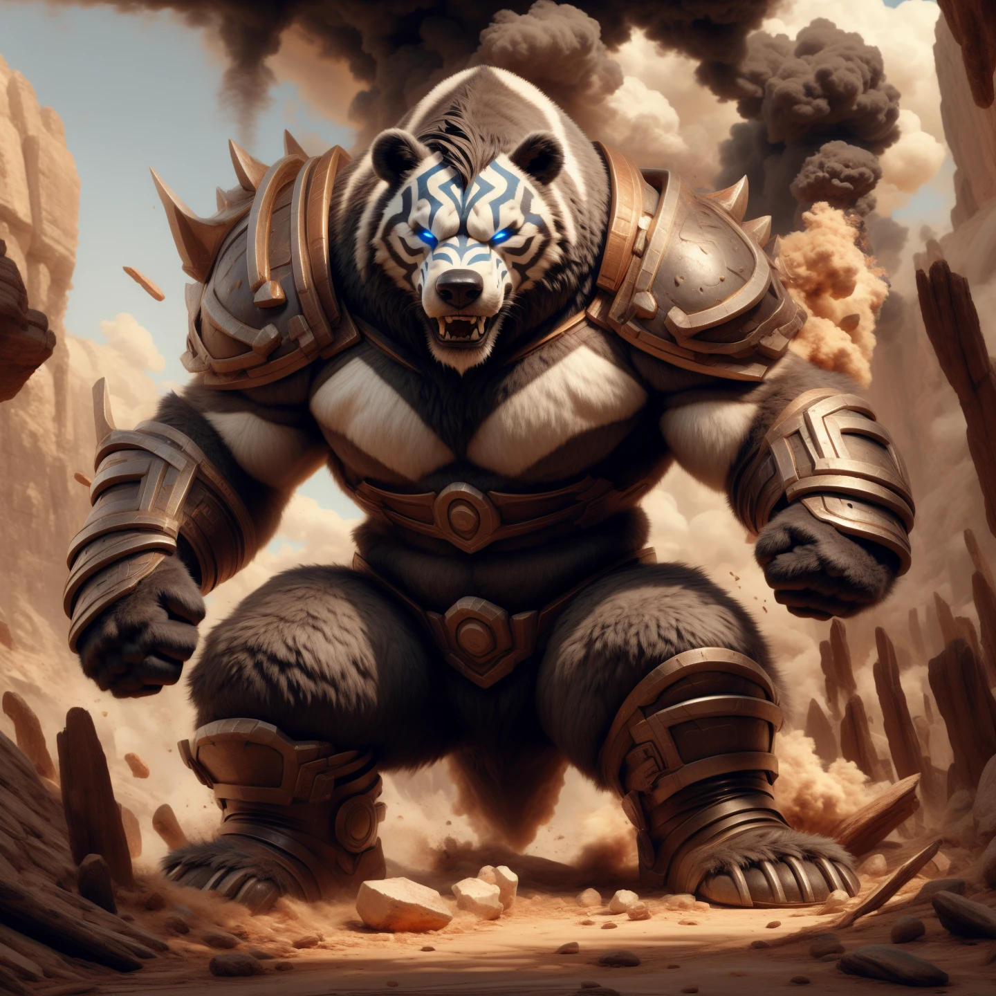 simple background, canyon, macrobear, front view, bear, fur markings, blue eyes, glowing eyes, broad shoulders, dark grey fur, white markings, teeth, thick neck, big trapezius, armor, armored boots, gauntlets, punch, punch ground, earthquake, bent legs, leaning forward, debris, smoke, crouching, crush, fist crush, impact
<lora:macro_bear_V3_final-000037:1>, (by lindong, by grisser, by markwulfgar, by dramamine)
