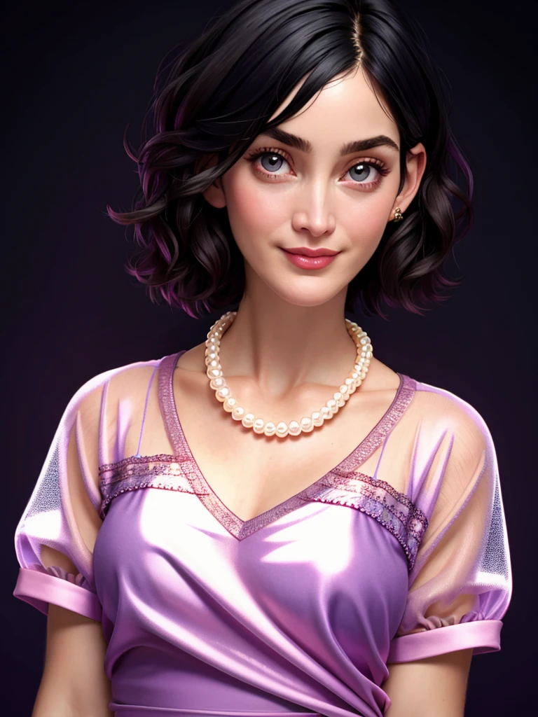 Realistic photo of a beautiful c4rr134 woman, 1girl,solo,looking at viewer,smile,short hair,simple background,black hair,dress,jewelry,short sleeves,necklace,black dress,lips,see-through,purple background,realistic,pearl necklace,soft lighting, professional Photography, Photorealistic, detailed, RAW, analog, sharp focus, 8k, HD, high quality, masterpiece<lora:c4rr134:1.0>