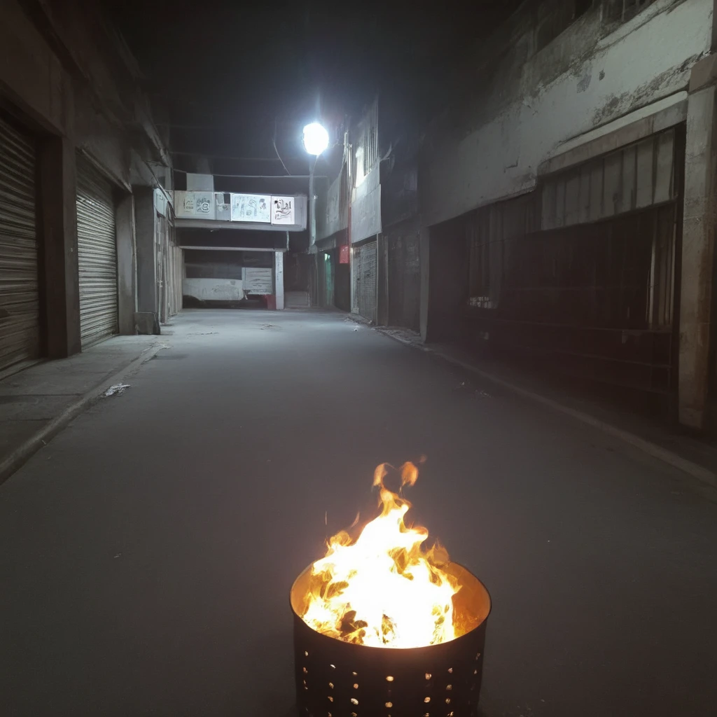 Realistic style, a fire pit amidst ruins. The scene is set in a desolate, abandoned urban landscape with crumbling walls and debris. The fire pit is central, its flames casting a warm, flickering light against the cool, shadowy tones of the ruins. The texture of the fire's glow reflects on broken concrete and twisted metal, creating a stark contrast between warmth and decay. Details like ash, smoldering embers, and scattered remnants of a once bustling place enhance the realism.,<lora:money_bucket:0.75> <lora:PAseer-SDXL-MistyGhost:0.8> misty ghost, floating