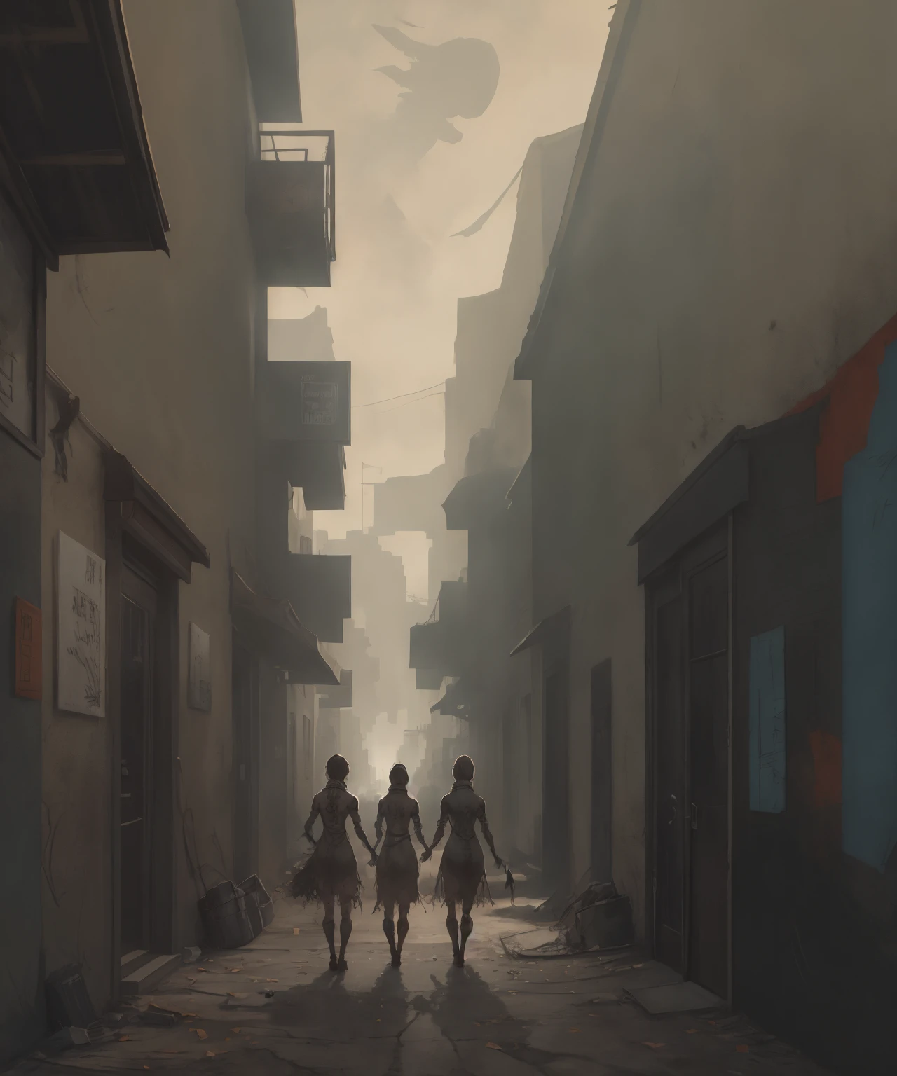 <lora:PathologicStyle:1>, a back alley with people walking , pathologic style