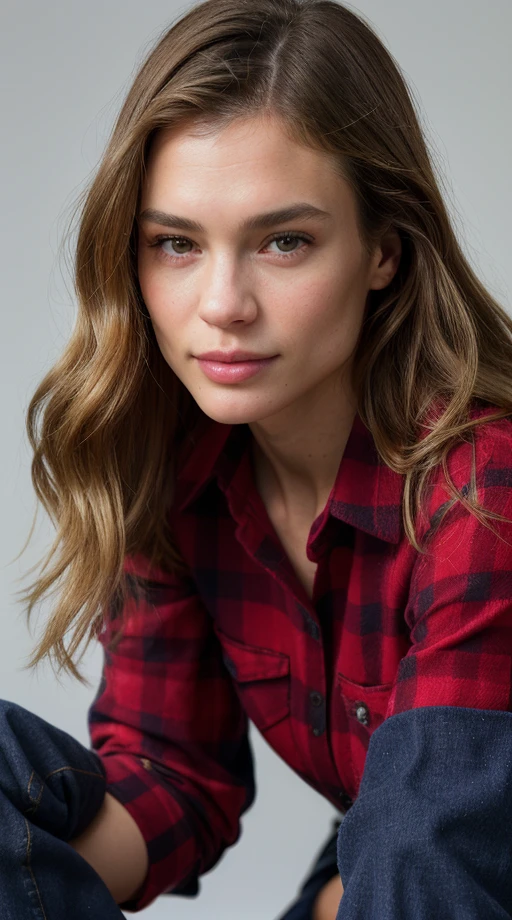 mix444, (Masterpiece Photo:) of (Happy) woman wearing checkered red and black shirt and blue jeans staring at the viewer ,(checkered red and black shirt), (blue jeans),Highly Detailed,(close portrait:1.3),(Feminine:1.4),(beautiful:1.4),(attractive:1.3),calendar pose,perfectly detailed eyes,studio lighting,thematic background, (high detailed skin:1.2), 8k uhd, dslr, soft lighting, high quality, film grain, Fujifilm XT3, hi detail, sharp focus, perfect lighting, awesome, dslr, 4k high quality. extra detail, extra sharp, magical, perfect moment, natural skin, pores