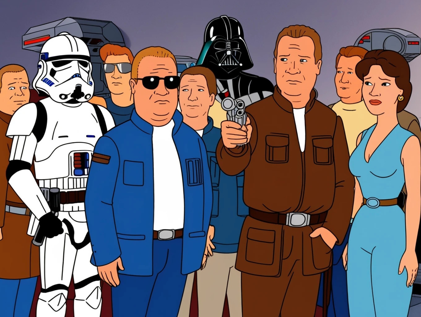 cartoon rendition of a scene from the movie Star Wars
(in kingofthehill style:1.1)
 <lora:kingofthehillstyleXL_v.10.1:0.6> <lora:xl_more_art-full_v1:0.5> <lora:add-detail-xl:0.45>