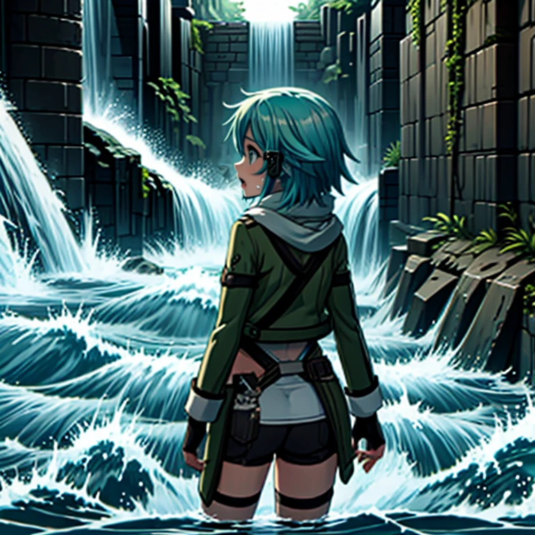 <lora:LCM_LoRA_Weights_SD15:1>,masterpiece,best quality,highly detailed,1girl,solo,
<lora:sinon_v5:0.75>,sinon1,scarf,fingerless gloves,long sleeves,short shorts,hair ornament,hairclip,green thighhighs,green jacket,thigh strap,
BREAK
<lora:waterDungeon2:0.4>,waterDisturb,submerged path in water,looking afar,from behind,surprised,sweat,sweatdrop,wide-eyed,open mouth,waves,waterfall,flood,stairs,stone wall,entrance in background,