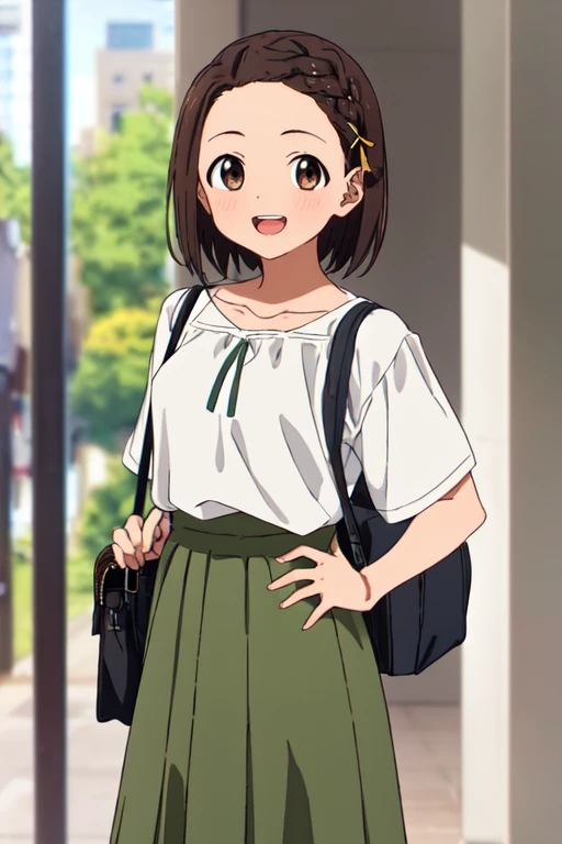 masterpiece, highres, 1girl, short hair, <lora:TokoUsagiharaR4:0.7>, TokoUsagiharaR4, brown hair, brown eyes,:d, backpack, bag, blurry, blurry background, blurry foreground, blush, braid, brown eyes, brown hair, building, collarbone, depth of field, forehead, green skirt, hair ornament, hairclip, hand on hip, handbag, looking at viewer, open mouth, outdoors, photo background, pleated skirt, shirt, short sleeves, shoulder bag, skirt, smile, solo, teeth, white shirt