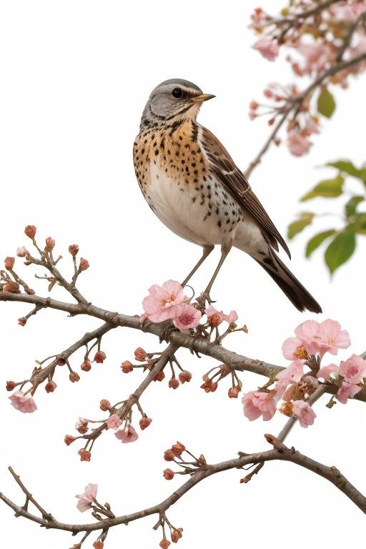 Fieldfare on branch with flowers <lora:iNaturalist_Birds:0.3>, (pencil sketch:1.2), (white background:1.2)