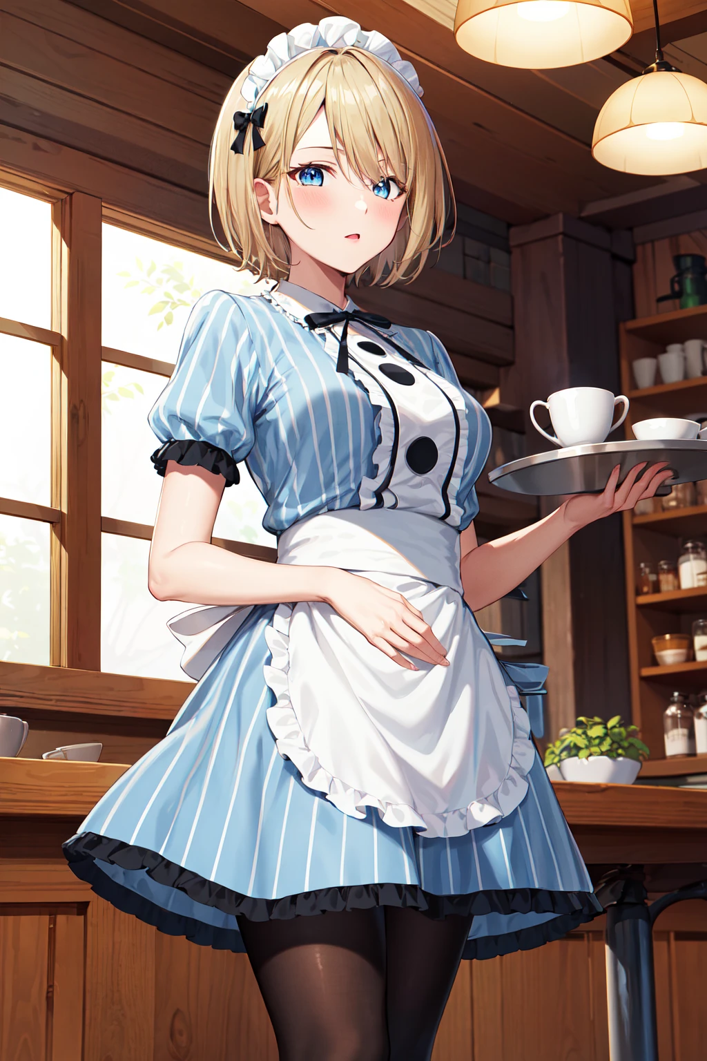 masterpiece, best quality, highres, 1girl, solo, short hair, blonde hair, blue eyes, maid headdress, neck ribbon, frills, vertical-striped dress, blue dress, short sleeves, white apron, black pantyhose, <lora:hououji_akane_v1:0.7>, cafe, indoors, standing, holding tray,