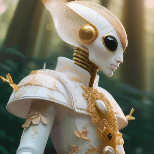 a bleached white insect (wings:-1.6) alien with gold eyes dressed in elaborate clothing, a forest of flowers, bokeh, depth of field, oversaturated