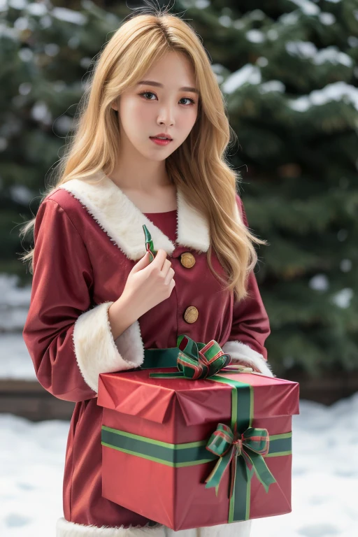 1girl, solo, wearing santa claus outfit, christmas theme, snow christmas background in the morning , mature body, upper body, holding red box of present, realistic, blonde hair,