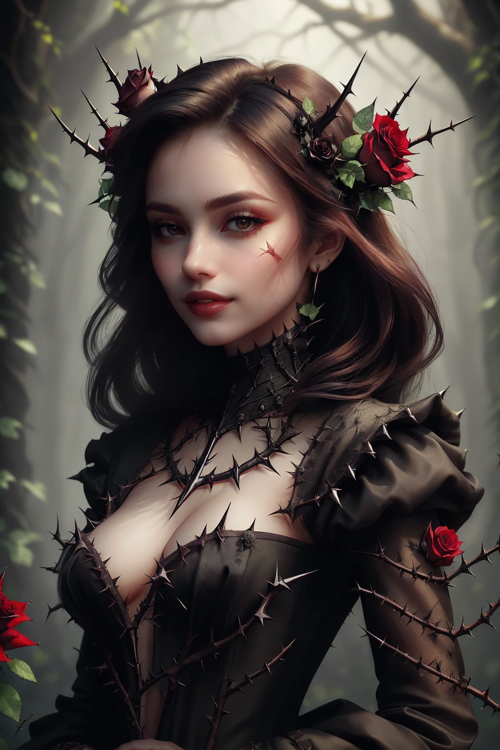 ((Masterpiece, best quality,edgQuality,photorealistic, hyper realistic)),smile--,
edgThorn, a woman in a black dress with thorns and roses ,wearing edgThorn_dress
<lora:edgThornDress:1>