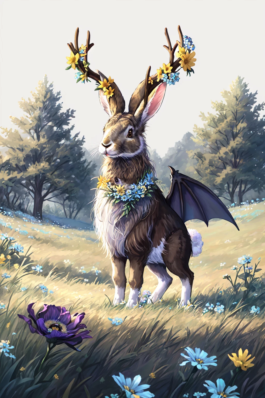 Jackawolperlopetinger, solo, simple background, flower, black eyes, no humans, rabbit, animal, antlers, demon wings, magic, grass, white flower, brown background, blue flower, yellow flower, purple flower, animal focus, <lora:Jackawolperlopertinger:1>