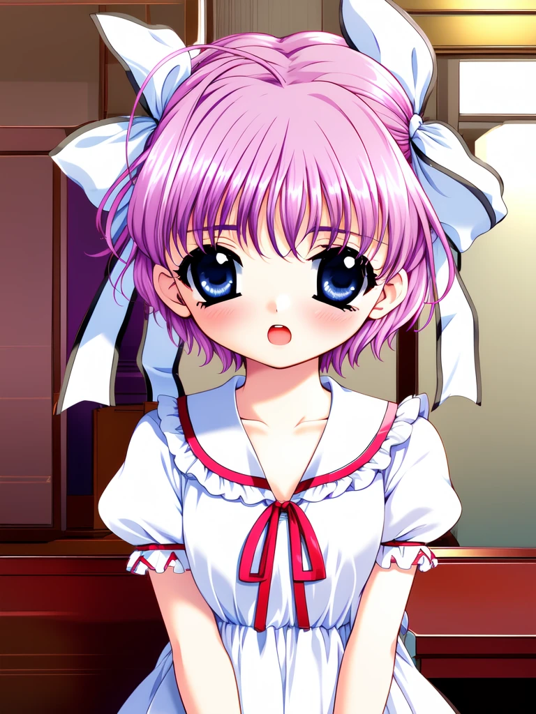 <lora:KagoNoa:0.8>, KagoNoa, 1girl, solo, blue eyes, ribbon, short hair, purple hair, hair ribbon, pink hair, blush, short sleeves, looking at viewer, bow, puffy sleeves, open mouth, collarbone, child,
school in teh room,
masterpiece, high quality, very_high_resolution, large_filesize, full color,