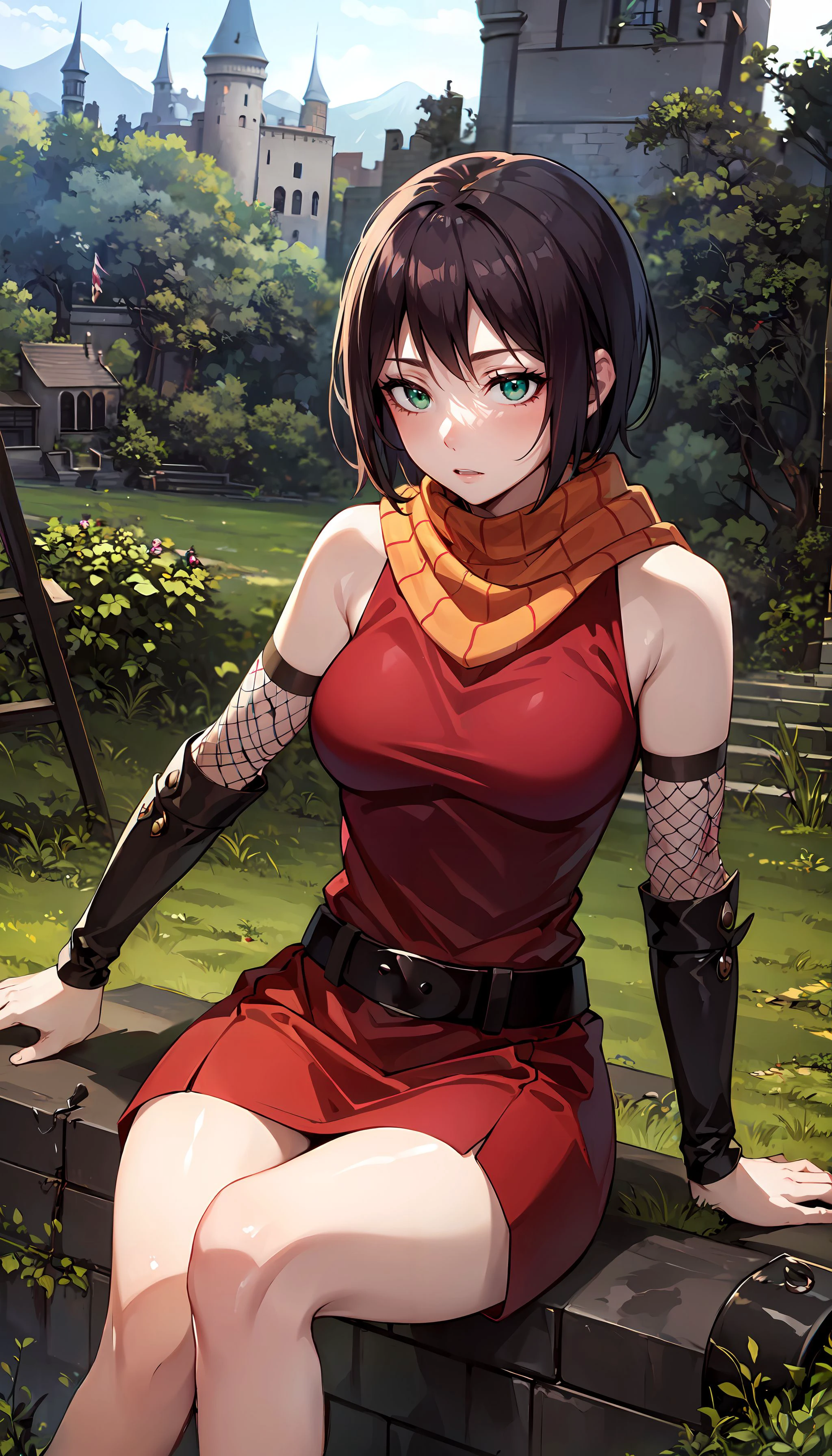 photorealistic, (4k), depth of field, (Masterpiece), (realistic skin texture), extremely detailed, intricate, hyper detailed, professional photography, bokeh, high resolution, sharp detail, best quality, girl, red dress, black belt, orange scarf, bare shoulders, detached sleeves, green eyes, short hair, brown air, fishnets, <lora:Souka-000003:0.7> , sitting , (abandoned castle:1.5), ruins, (spider web:1.3), collapsed tower, overgrown,