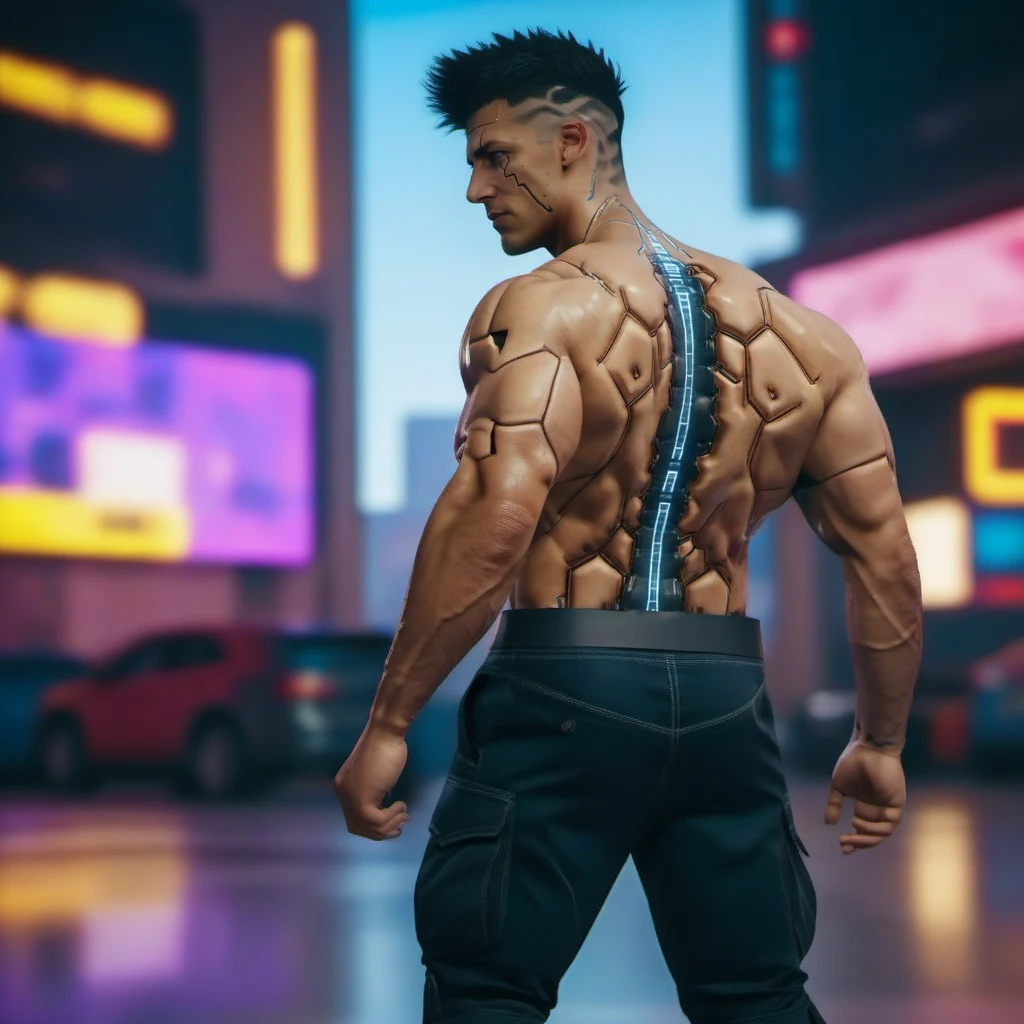 DavidMartinez1024, a very muscular man, shirtless, sideview, cargo pants, cyberpunk background, highly detailed, photography, ultra sharp, film, bokeh, professional, 64k  <lora:DavidMartinez1024:0.8>