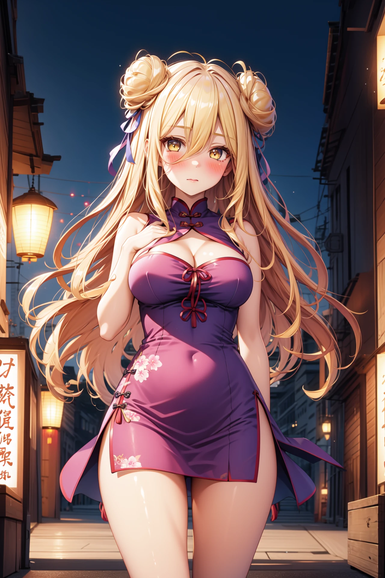 1girl, solo, BREAK outdoors, chinese street, looking at viewer, (masterpiece:1.2), best quality, high resolution, unity 8k wallpaper, (illustration:0.8), (perfect hands, perfect anatomy), standing, (blush:1.5), shiny hair, shiny skin, mukuro hoshimiya, yellow eyes, very long hair, blonde hair, double bun, hair between eyes, medium breasts, qipao, chinese dress, cleavage, lilac dress, sleeveless, thighs,