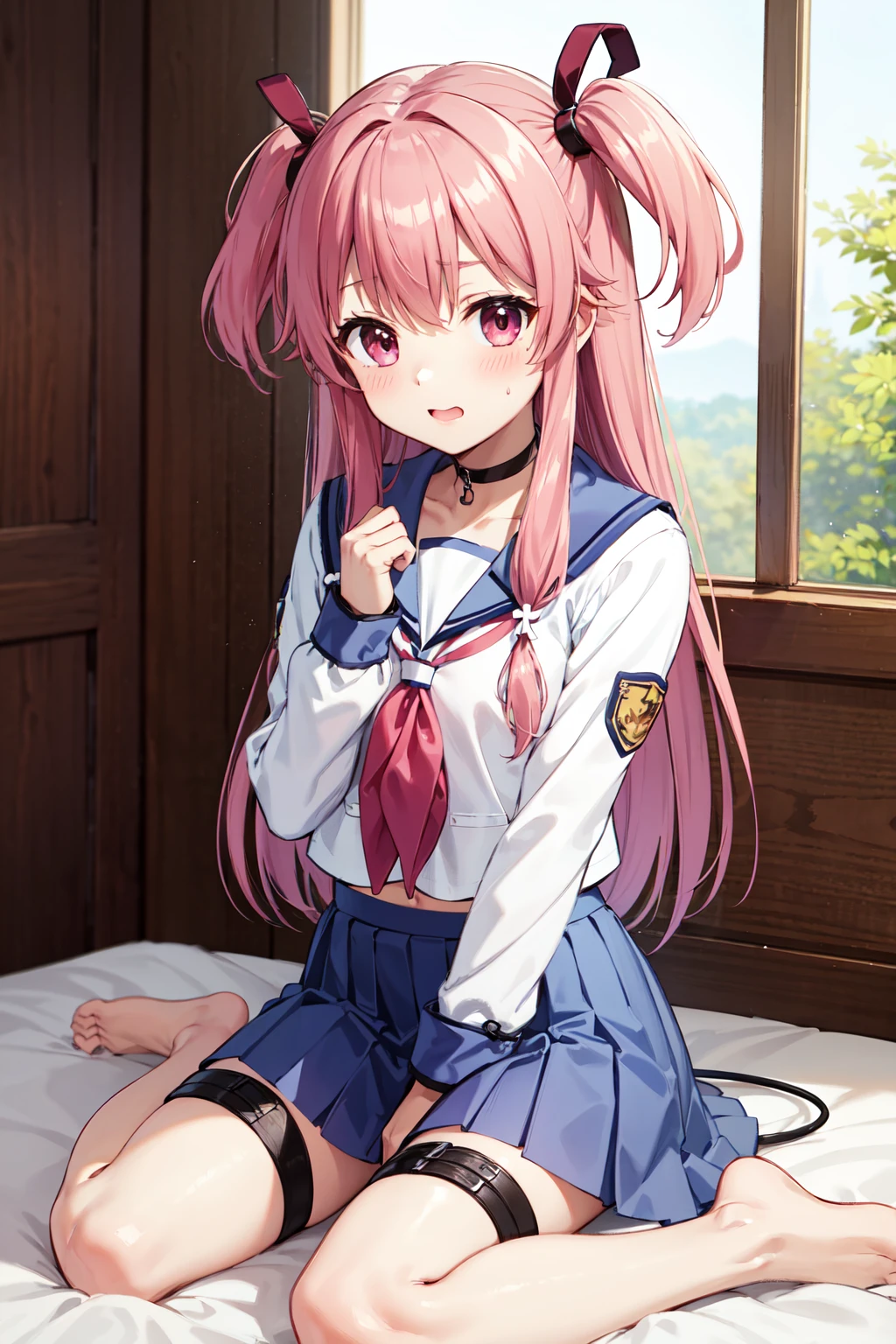 masterpiece,best quality,highres,ultra-detailed,aayui,long hair,two side up,hair ribbon,hair ornament,choker,shinda sekai sensen uniform,serafuku,blue sailor collar,neckerchief,white shirt,long sleeves,chain,demon tail,skirt,blue skirt,thigh strap,<lora:yui_(angel_beats!):0.7>,indoors,bed,sitting,blush,(embarrass:1.2),wariza,