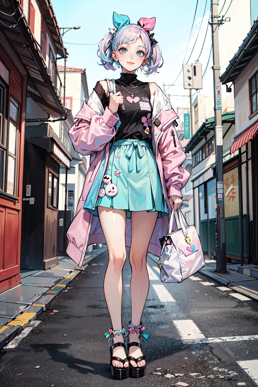 ((best quality, masterpiece, absurbres, super-resolution)) (Decora Fashion:1.4), Japan Streets, (Colorful theme: 1.3), (Pastel Color:1.2)