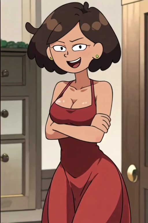 masterpiece, best quality, <lora:mrs_boonchuy:0.8> 1girl, solo, brown hair, short hair, earrings, dot pupils, looking at viewer, smile, open mouth, red dress, long skirt, sleeveless, crossed arms, breasts, low neckline, collarbone, facing viewer,