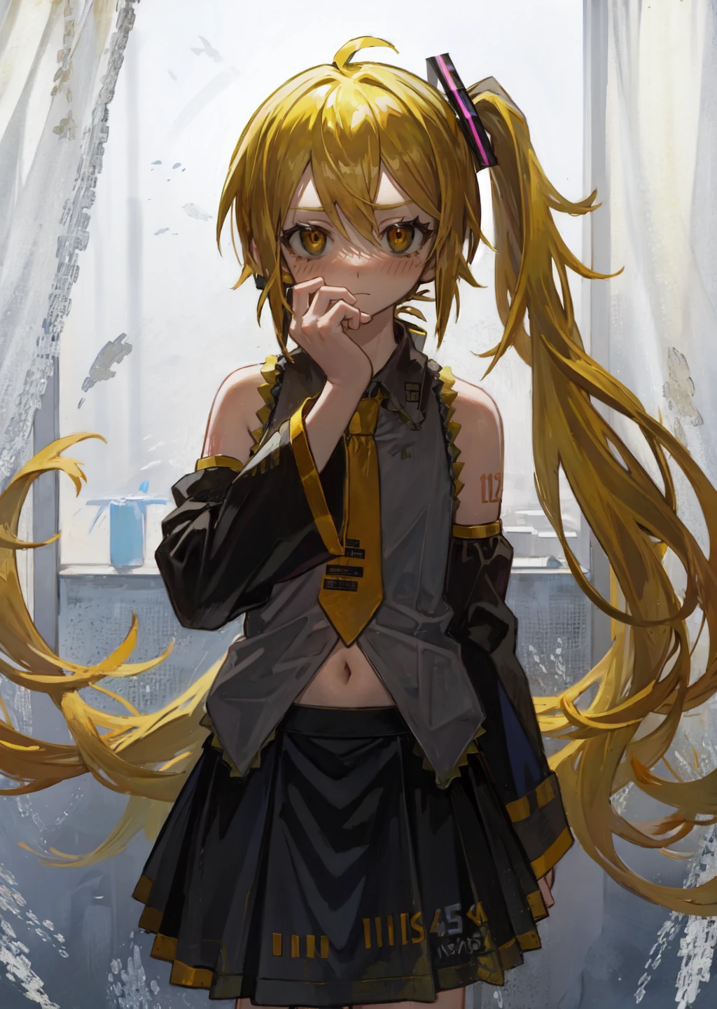 mksks style, detailed, extremely detailed, masterpiece, best quality, illustration, intricate details, sidelighting, <lora:akita_neru-10:1> akita neru,
 1girl, blonde hair, yellow eyes, long hair, detached sleeves, side_ponytail, shirt, yellow necktie, blush stickers, skirt, sleeveless shirt, grey shirt, sleeveless, necktie, bare shoulders, black sleeves, hand on own chin, hair_ornament, black skirt, looking at viewer, very long hair, blue, shirt, navel