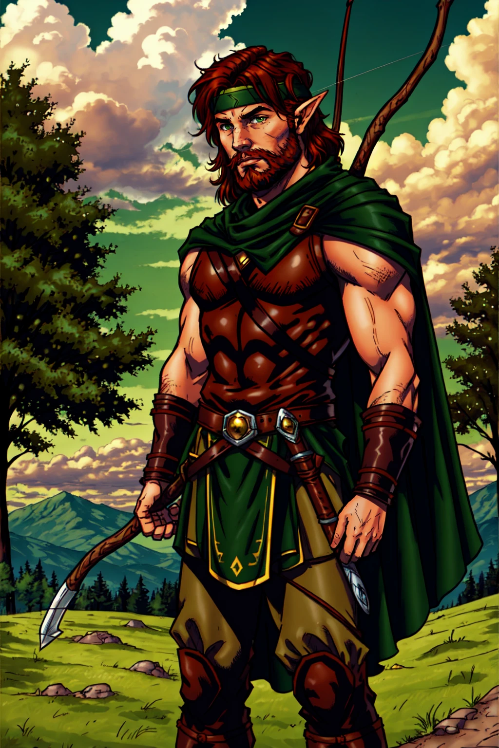 Tanis Half-Elven, solo, auburn hair, headband, 1boy, male focus, beard, facial hair, outdoors, sky, cloud, leather tunic, green cape, tree, elf ranger, archer, <lora:Tanis_HalfElven:0.4>