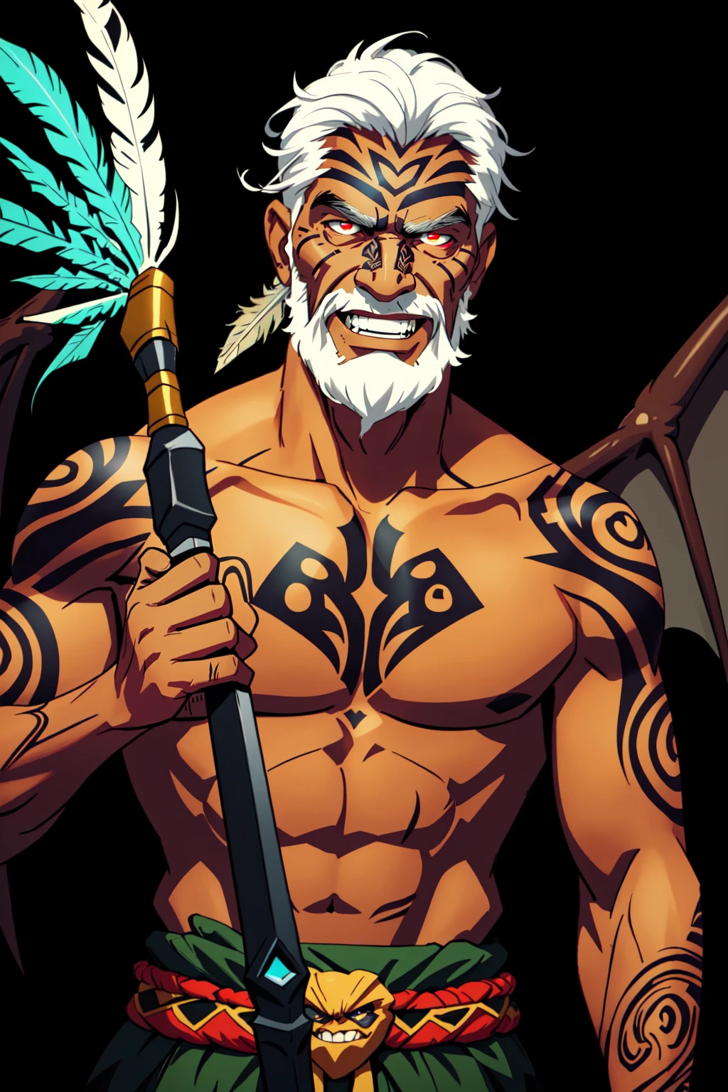 AotearoaMatariki, solo, 1boy, holding, upper body, weapon, white hair, male focus, tan skin, dark skinned male, facial hair, beard, facial tattoo, hair feather, moko, maori, pasifika, tatoo, realistic, old, old man, demon wings, glowing, magic, evil grin, <lora:MatarikiAotearoa:0.6>
