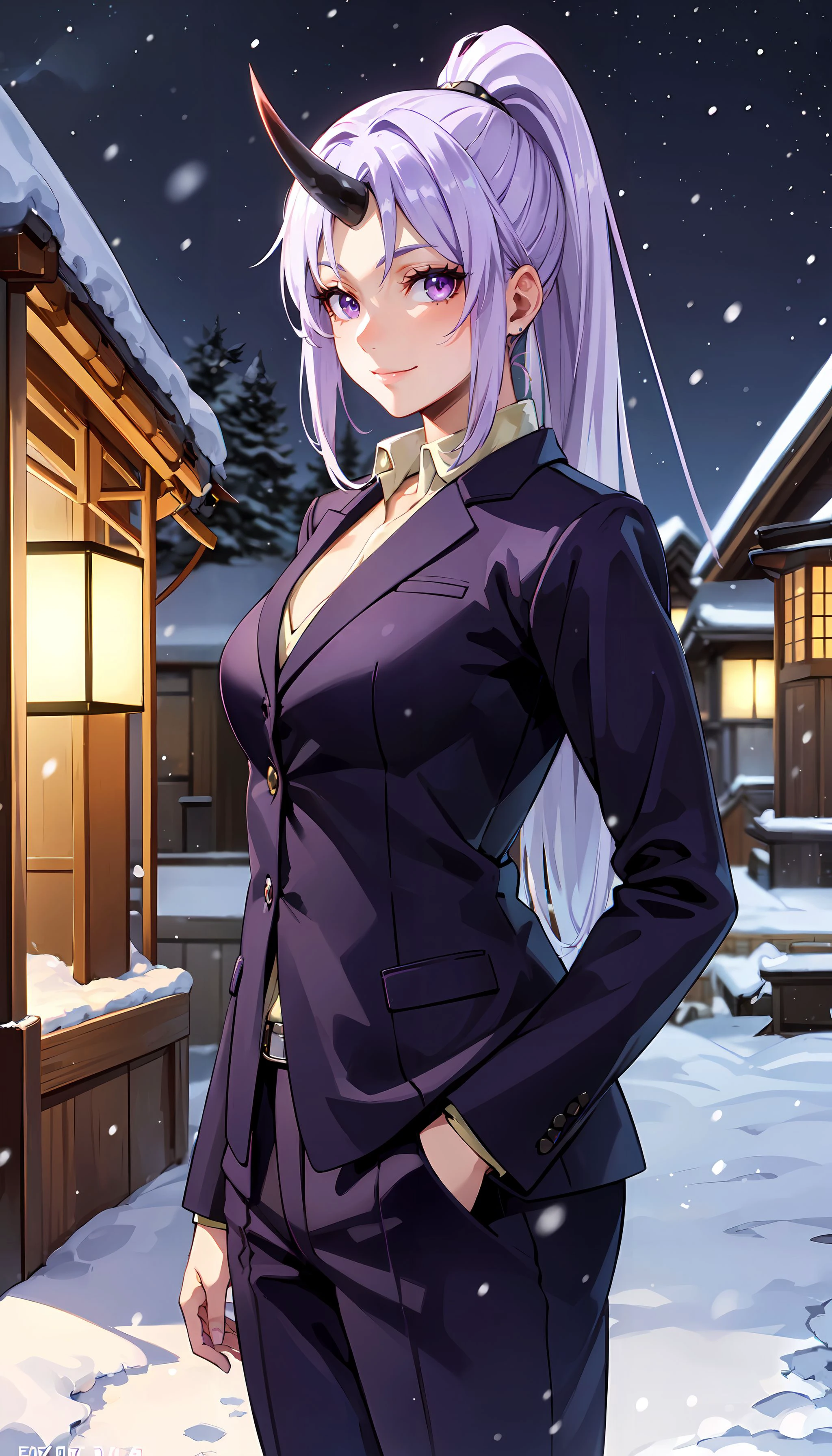 photorealistic, (4k), depth of field, (Masterpiece), (realistic skin texture), extremely detailed, intricate, hyper detailed, professional photography, bokeh, high resolution, sharp detail, best quality, woman, <lora:Shion-000004:0.7> , purple hair, ponytail, purple eyes, purple suit, purple pants, horn, head down , japanese architecture, torii, winter, (snowing:1.3), snowflakes, cold, freezing, stars, (night sky:1.3), snowy road, smile,