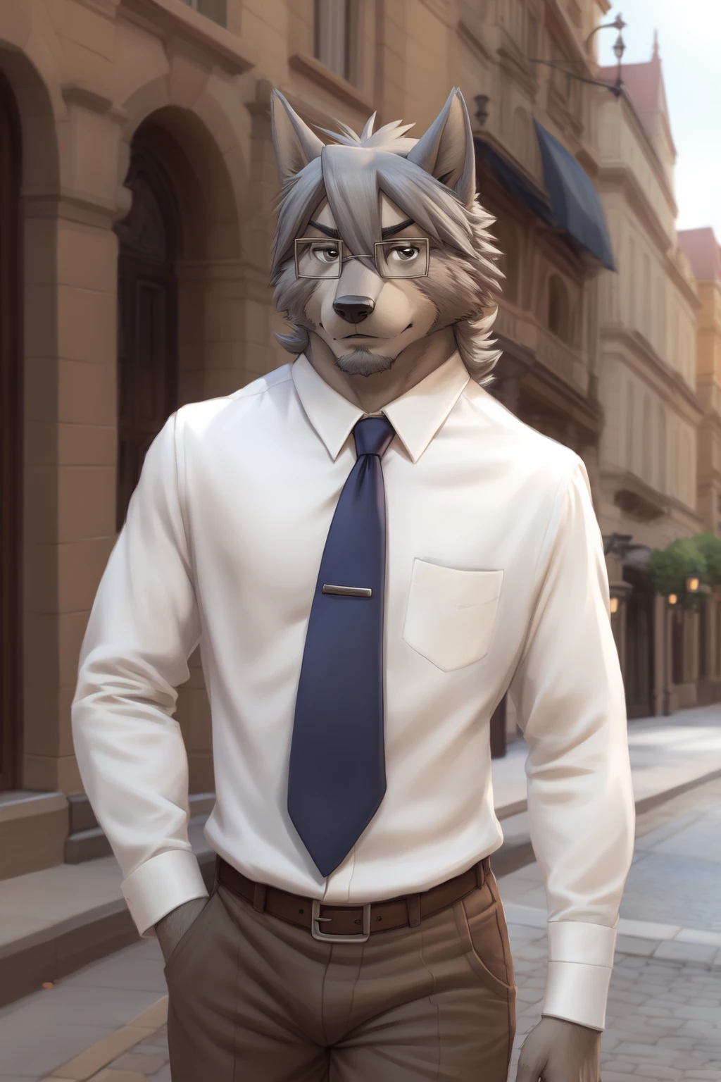 <lora:mitsuhisa-07:1>, mitsuhisa, mature male, tail, narrowed eyes, (posing:1.3), (soft shading), 4k, hi res, five fingers, detailed hands, ((detailed face, (detailed eyes, black eyes), detailed)), by zackarry911, by zaush, (by personalami:0.5), shirt, 1boy, white shirt, male focus, necktie, glasses, belt, pants, formal, street, glasses,