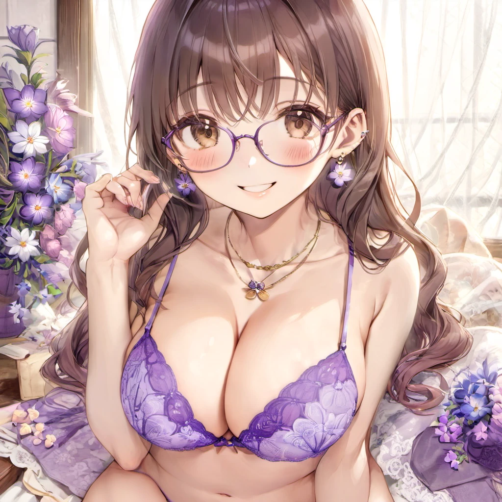 best quality, ultra-detailed, illustration, 1girl, solo, glasses, japanese girl, cute, (shy smile), 
UW03, underwear, jewelry, brown hair, necklace, earrings, navel, brown eyes, long hair, underwear only, purple panties, purple bra, cleavage, realistic, looking at viewer, lingerie, flower, medium breasts, lips
 <lora:underwear1_SDXL_V1:1>  <lora:sd_xl_offset_example-lora_1.0:0.5>