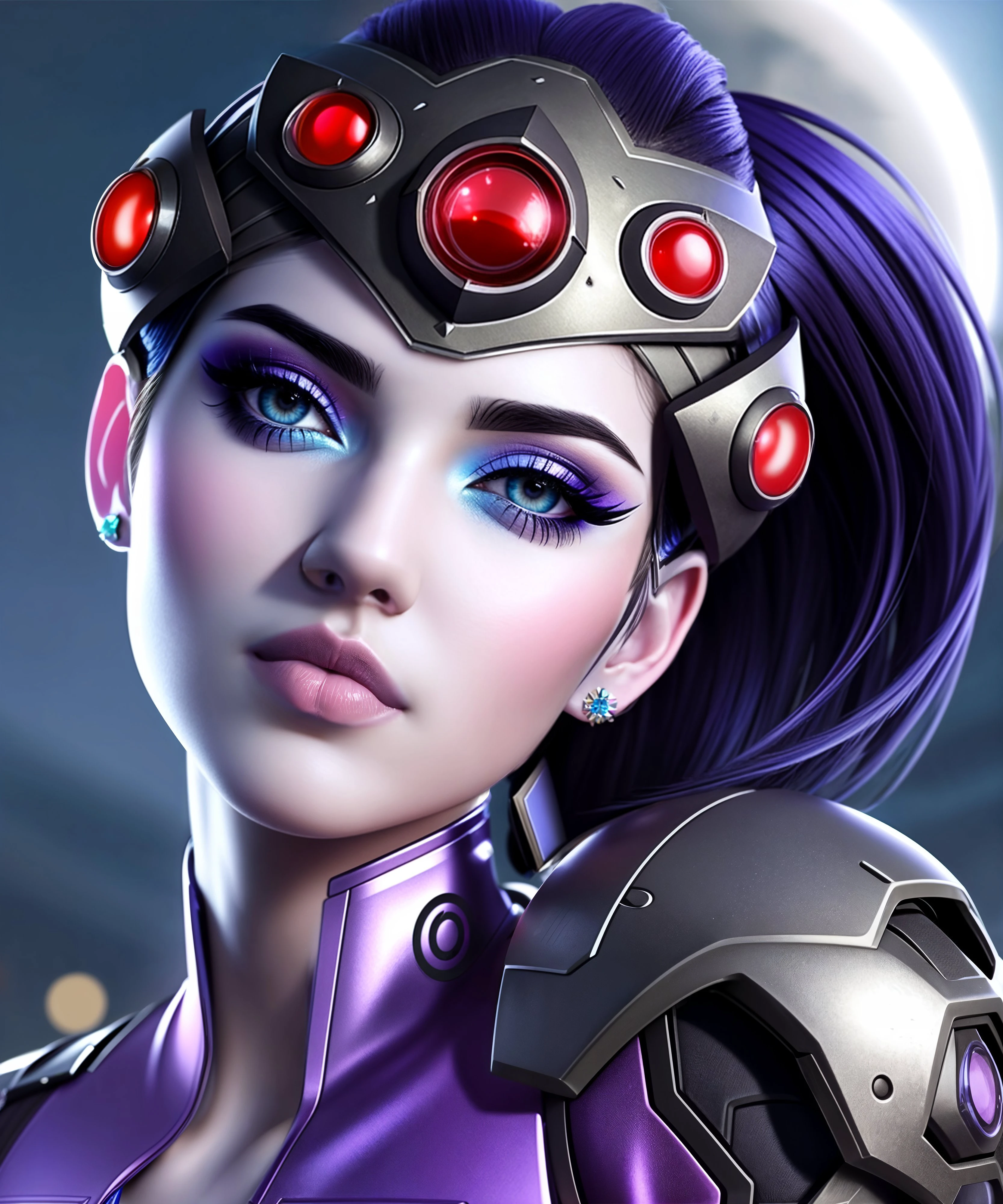 a cute girl, widowmaker, overwatch, (portrait, close up:1.2), in futuristic suit, sexy lips, long hair, looking at viewer, modelshoot style, complex background, perfect lighting, volumetric lighting, internal glow, Best Quality, 8k, UHD <lora:Widowmaker:0.7>, realistic, detailed, textured, skin, hair, eyes, by Alex Huguet, Mike Hill, Ian Spriggs, JaeCheol Park, Marek Denko