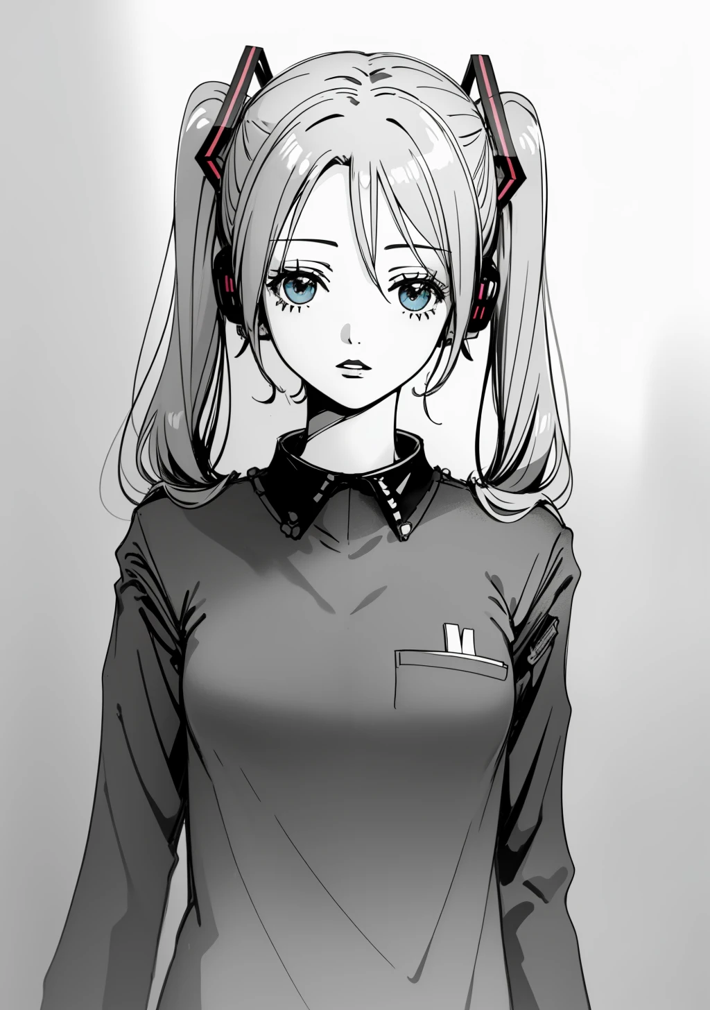 nana, 1girl, hatsune miku, greyscale, upper body, looking at viewer, solo, <lora:nana-10:1>