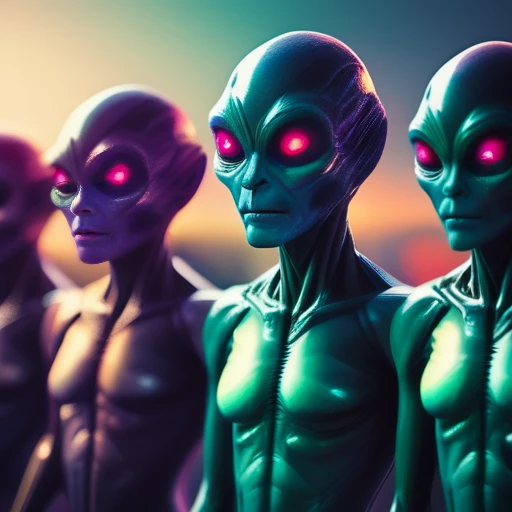 a group of aliens like people standing between dimensions, bokeh, depth of field, oversaturated
