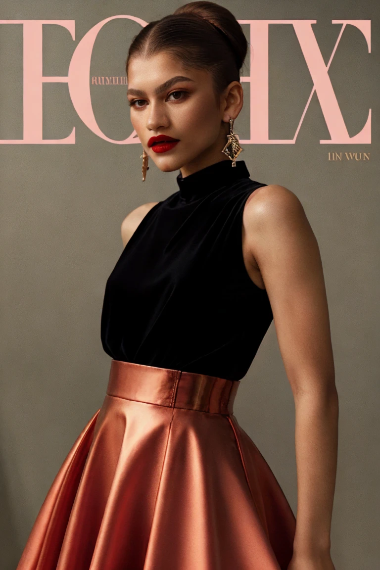 <lora:zendaya-01:1.2>1girl, closed mouth,dress, earrings, fake cover, jewelry, pants, portrait, red lips, shiny, single hair bun, skirt, upper body, z3nd4y4