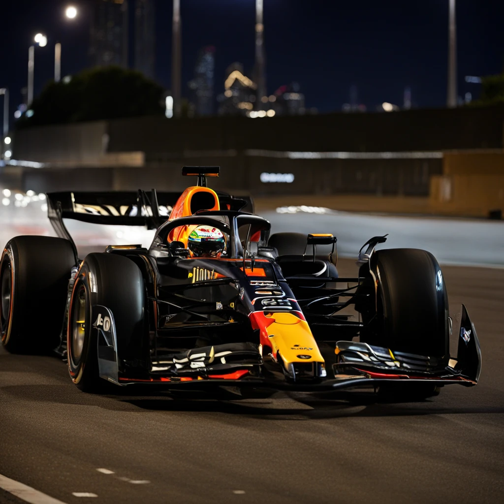 RB19 formula 1 racecar driving on a city street, late night, street lights, buildings, city background, gorgeous, perfect, 4K, professional photography, intricate details, <lora:RB19:1.2>