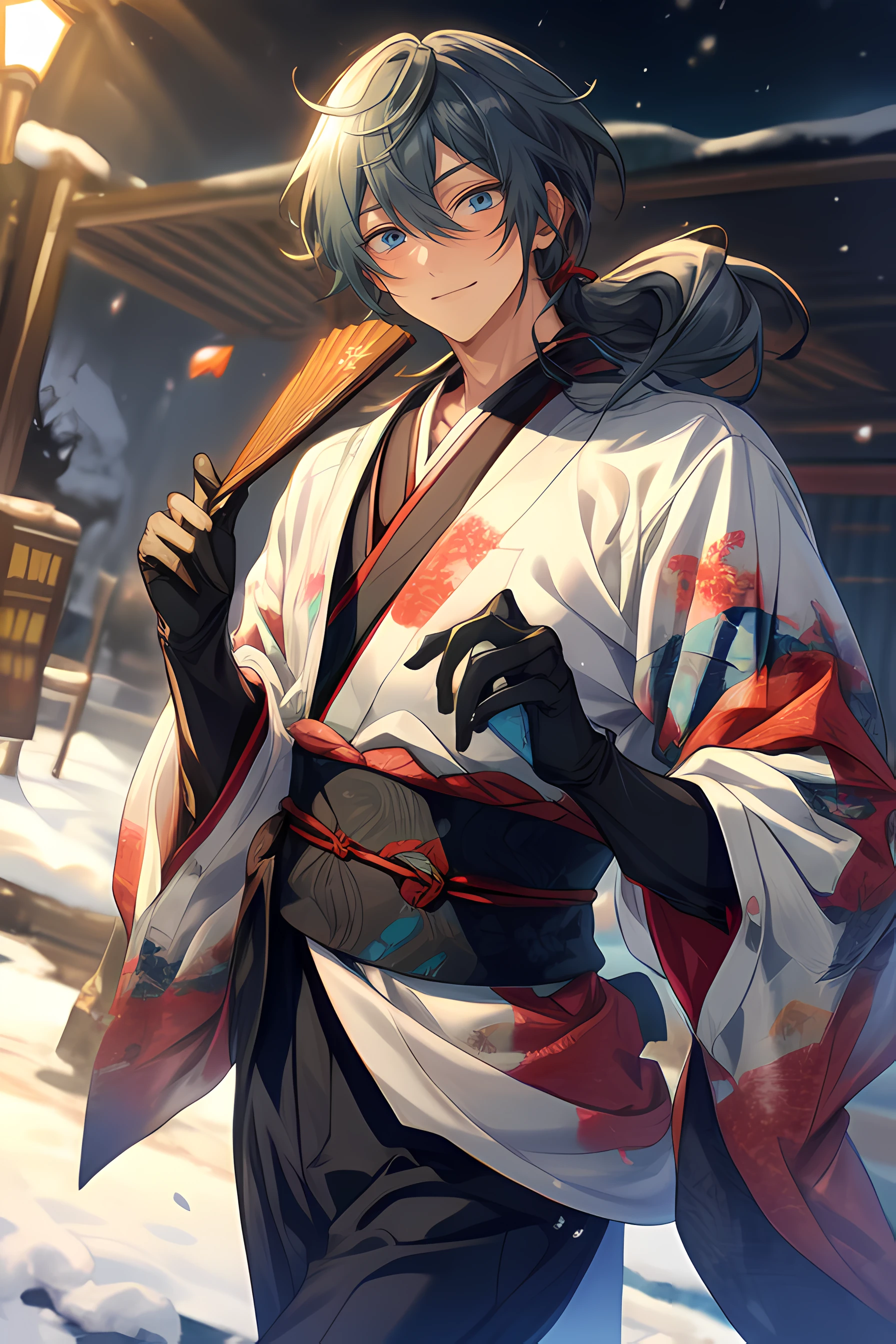 ae guy in a japanese clothes holding a fan in his hand in the snow, 1boy, male focus, hand fan, holding fan, black gloves, gloves, solo, holding, folding fan, japanese clothes, looking at viewer, kimono, niki, dark gray hair, blue eyes, low ponytail, photorealistic, scenery,