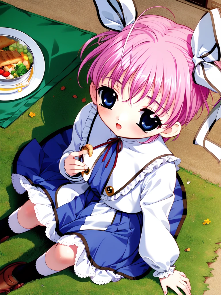 <lora:KagoNoa:0.8>, KagoNoa, 1girl, bento, solo, blue eyes, pink hair, food, sitting, short hair, ribbon, socks, from above, picnic, long sleeves,
masterpiece, high quality, very_high_resolution, large_filesize, full color,