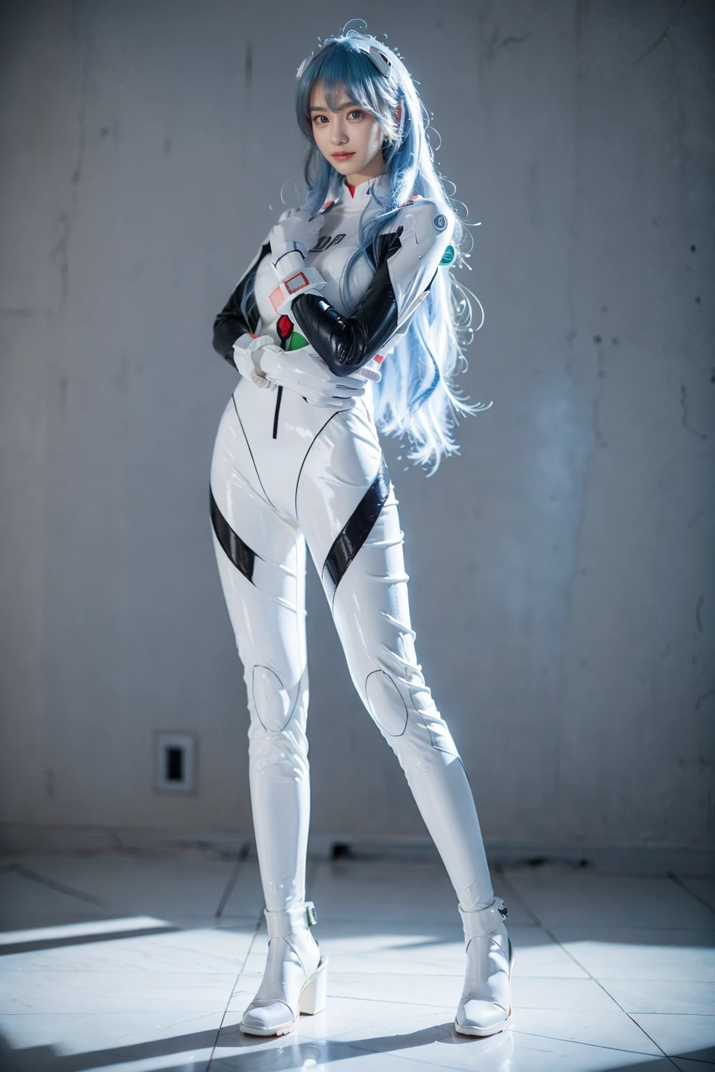 best quality, masterpiece, photorealistic, 1girl, solo, looking at viewer, bangs, full body, closed mouth, expressionless, ayanami_cosplay_costume, plugsuit, blue hair, ayanami rei, pilot suit, cosplay, long hair, interface headset, hairpods, gloves, bracer, skin tight, simple background, <lora:ayanami_cosplay_costume_v2:0.65>