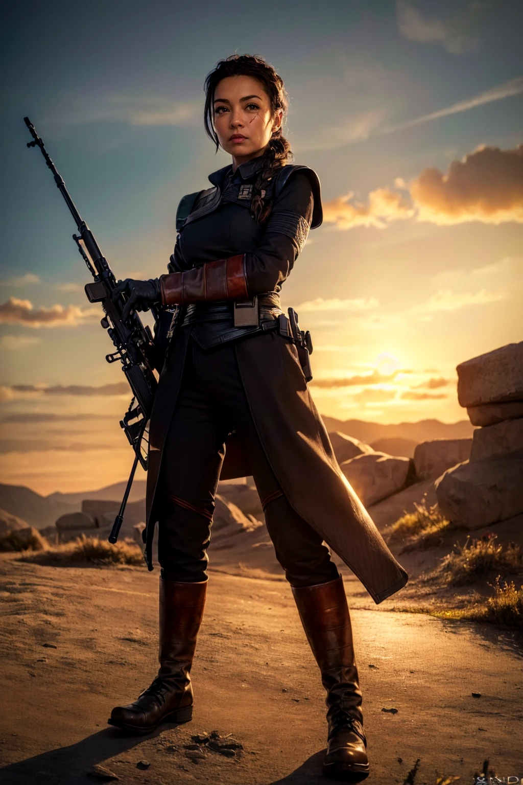 (8k, RAW photo, best quality, masterpiece:1.2),ultra-detailed, (high detailed skin:1.2), 8k uhd, dslr, soft lighting, high quality,  <lora:FennecV1.1:0.7>, 1girl, brown eyes, fennec shand, hair_ornament, single braid, solo, scar on face, uniform, boots, gloves, standing, looking at viewer, (((holding rifle)))