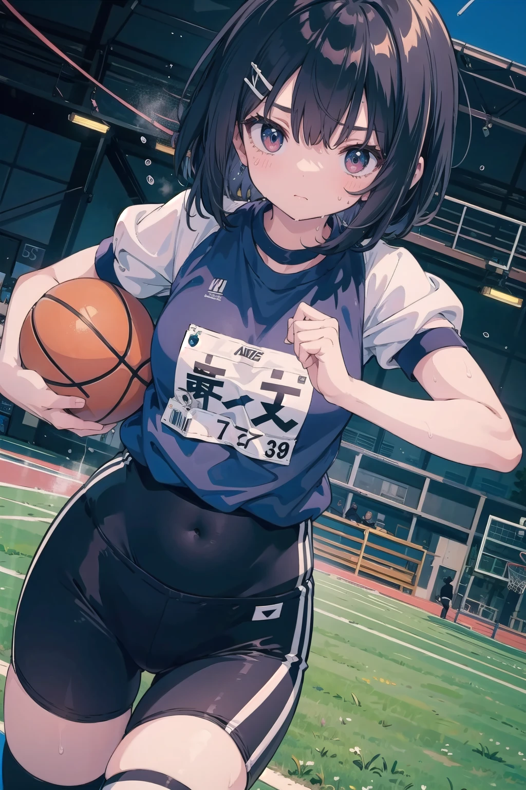 masterpiece, best quality, ultra detailed, sparkling eyes, ((smile)), large breasts, ((cleavage)), The image depicts an anime-style illustration of a young woman playing basketball outdoors. She is in the middle of a jump shot, holding a basketball above her head with both hands, poised to shoot. Her athletic attire consists of a black sports tank top and black shorts, both with white and red accents, displaying a sports logo and some text. She is also wearing athletic shoes, The setting appears to be an outdoor basketball court, with a clear blue sky and some clouds visible in the background. There is a chain-link fence and part of a building visible, indicating a typical urban sports facility. The character has a focused expression, with dark hair tied back in a ponytail, emphasizing her active and sporty demeanor. The image captures a moment of action, conveying energy and athleticism.