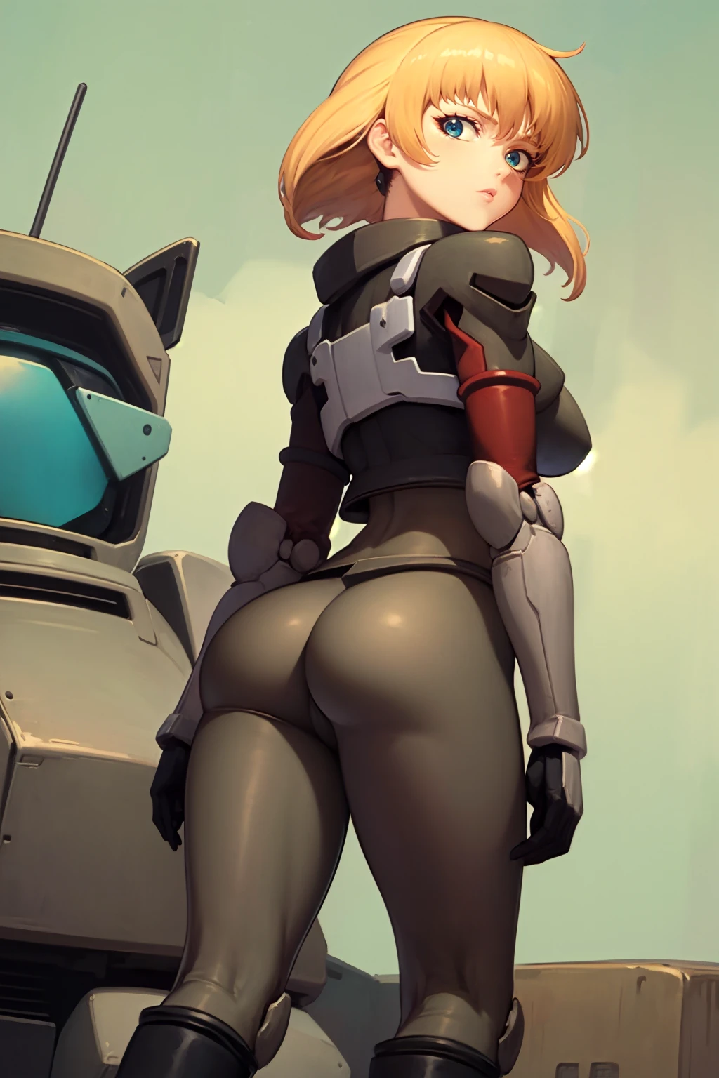 marlenan, solo, bodysuit, gloves, boots, ass, mecha, robot, looking back, looking at viewer, from behind, retro artstyle, (low twintails:0.5), <lora:marlenan_V3-09:0.7>