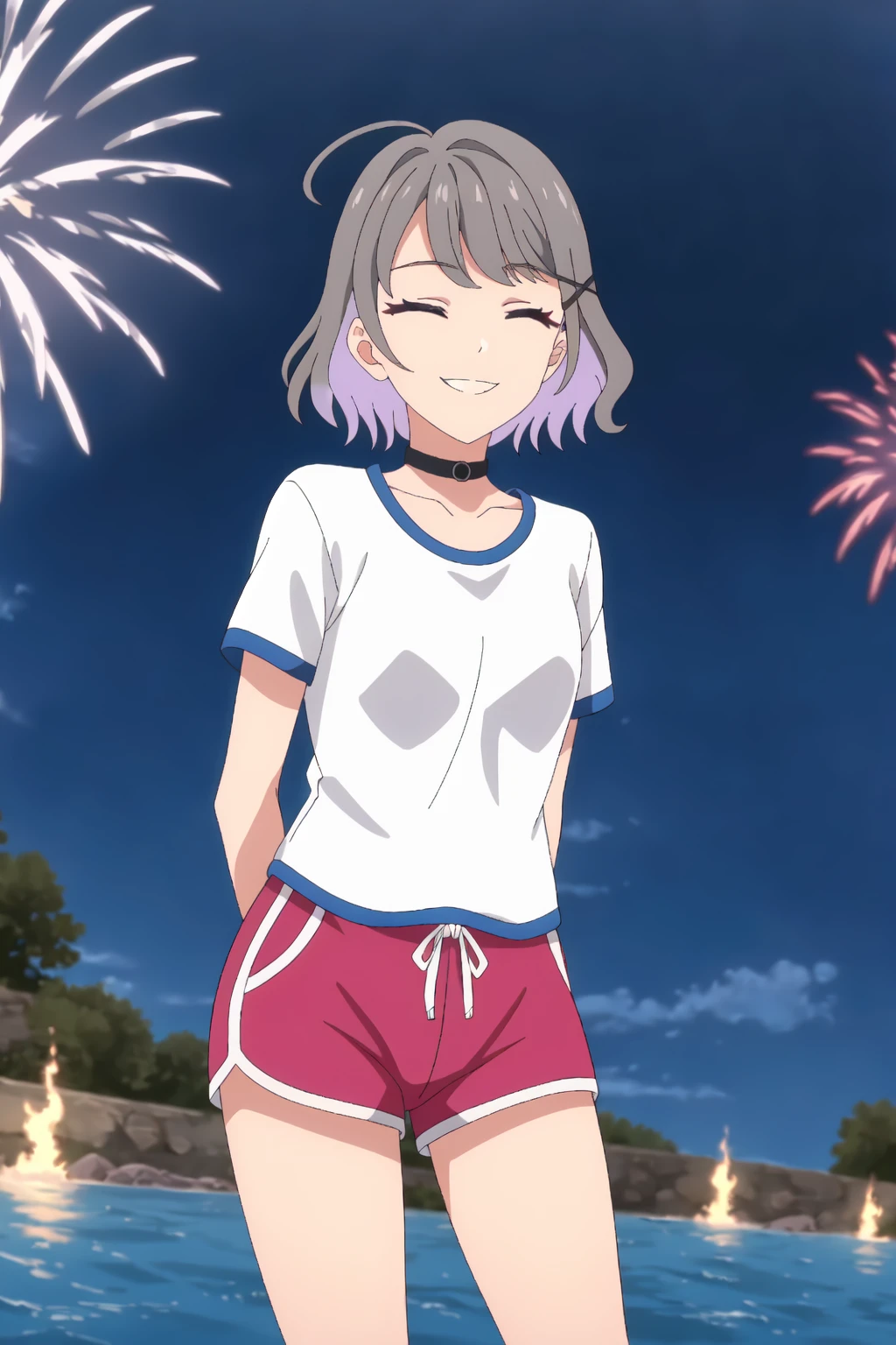 ((best quality)),((highly detailed)),masterpiece,absurdres,detailed face,beautiful face,(detailed eyes, deep eyes),(1girl),((dynamic pose)),<lora:AkariV1:0.7>,Akari, short hair, multicolored hair, ahoge, grey hair, closed eyes, bangs, black choker, purple hair, gradient hair, hair behind ear, two-tone hair, hairclip, colored inner hair, dolphin shorts, t shirt, looking at viewer, solo, standing,arms behind back, smile showing teeth, outdoors, night, fireworks background, leaning forward, cowboy shot,<lora:dolphin_shorts_v0.1:0.9>