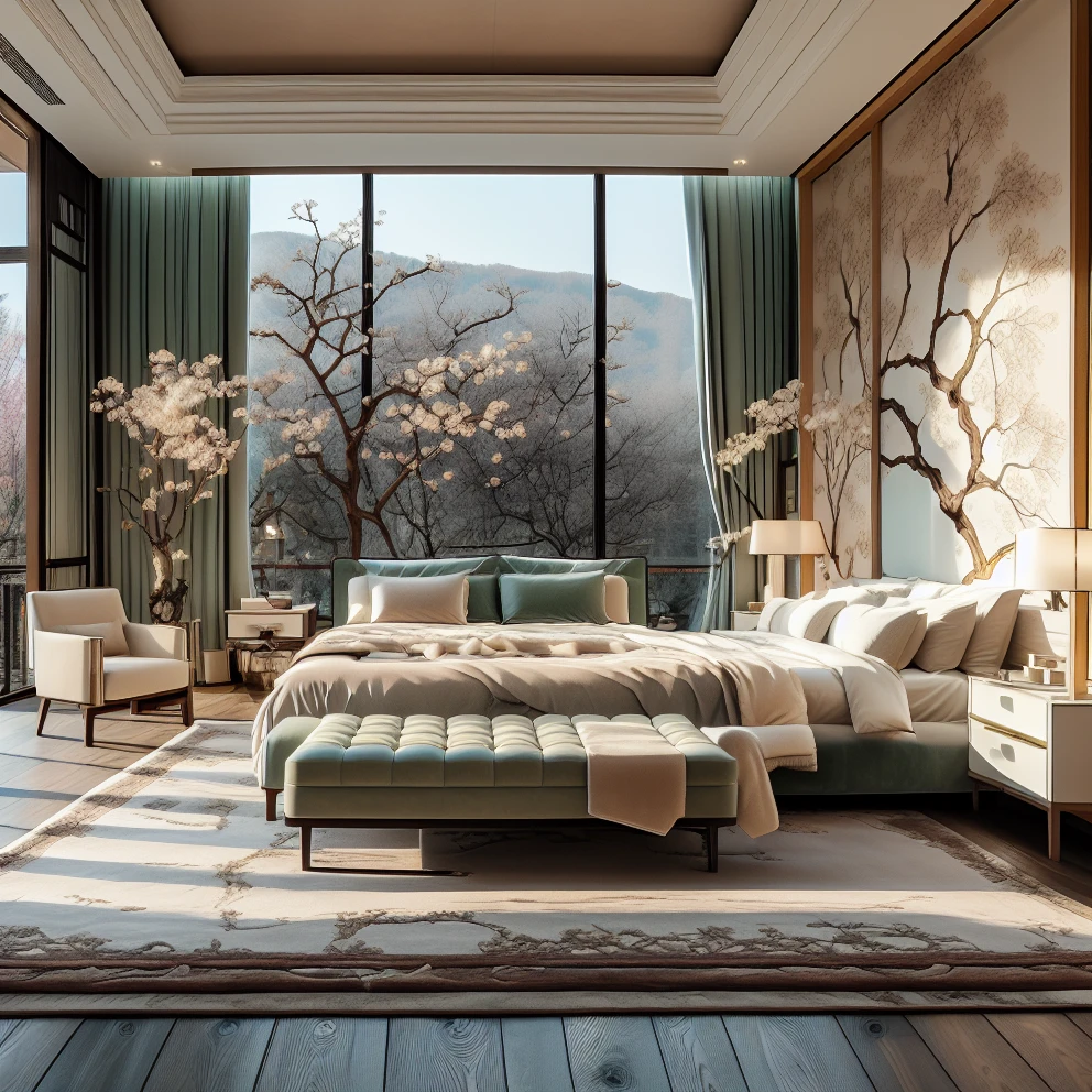 Northern Song Style,no humans,scenery,couch,tree,lamp,indoors,window,wooden floor,table,pillow,curtains,carpet,cushion,bed,book,rug,chair,day,<lora:NorthernSong:0.9>,