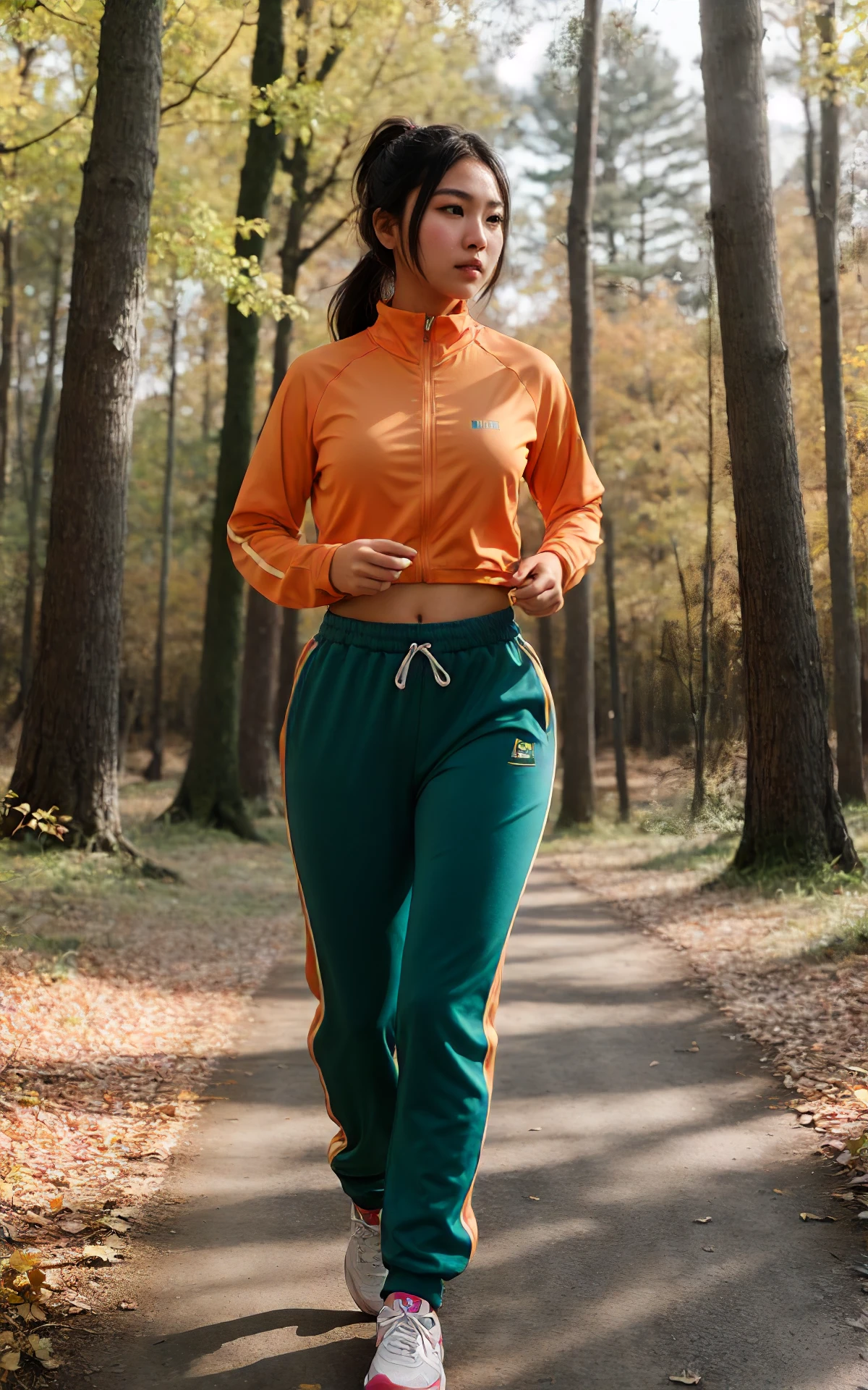 portrait of a beautiful asian woman wearing track pants, doing her morning jog through the forest in autumn, BREAK (realistic), (incredible detail), real skin, high resolution, 16K, HDR, grainy, Fujifilm XT3, 115mm lens