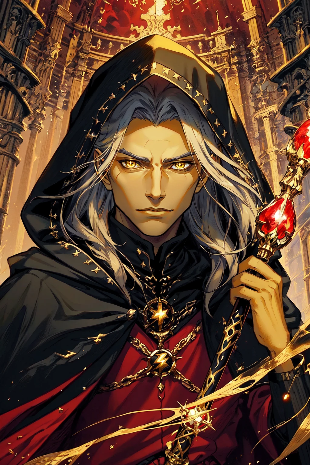 Raistlin Majere, solo, 1boy, holding, male focus, yellow eyes, colored skin, yellow skin, sunken eyes, hood, cape, staff, red cloak, cloak, wizard, magic, underworld scene, outdoors, dungeon theme, lightning, LUT like a movie, portrait, godlike features, evil , <lora:RaistlinMajere:0.8>