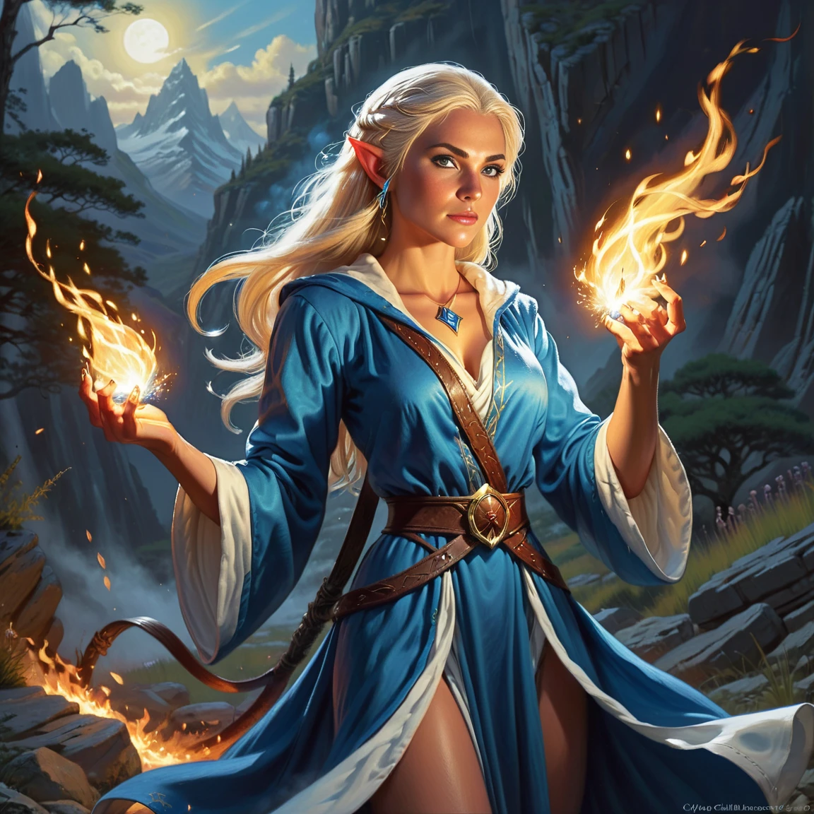 (a female elf sorceress wizard), pointy ears, (casting magic fire sparks), {white blue robes}, advanced dungeons and dragons, (spectacular landscape background), highly detailed, 4K, 8K, <lora:k3nk3lly:0.2> <lora:bmbploraxl6:0.2> <lora:Elf_Ears:0.2>