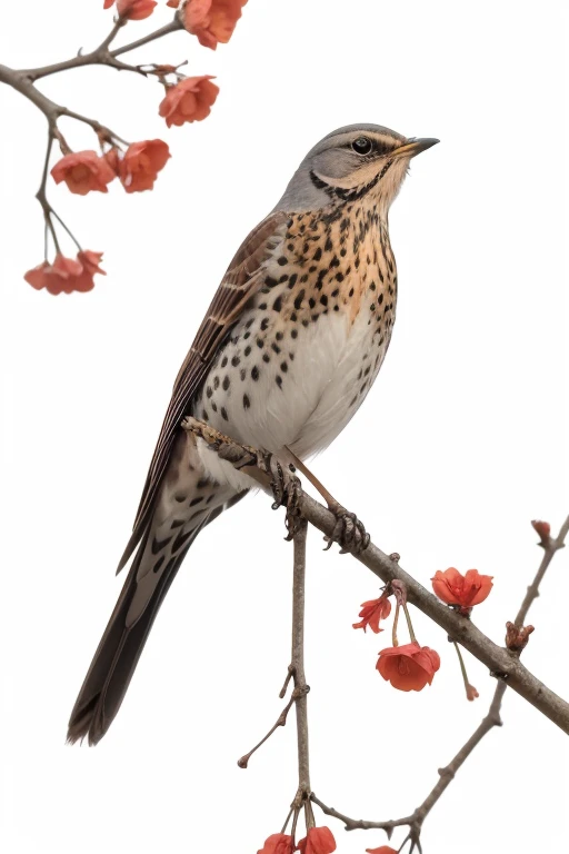 Fieldfare on branch with flowers <lora:iNaturalist_Birds:0.3>, (pencil sketch:1.2), (white background:1.2)