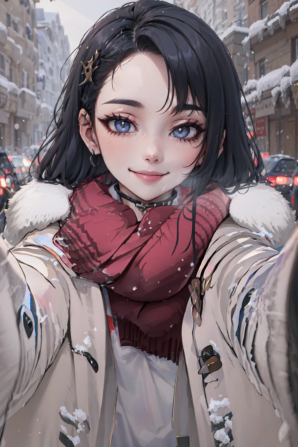 IncrsChkWarmingMeme, <lora:PovCheekWarmingMemeV2:1>, winter clothes, red scarf, breath, closed mouth, seductive smile, incrsgoth, <lora:Char_OC_GothGirl:0.8>