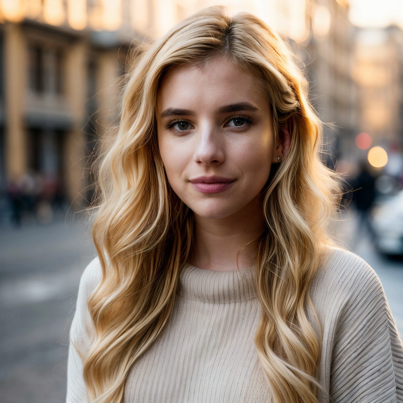 <lora:emma3-29:1> emrb,long wavy hair ,blonde hair,close-up, city street,wearing sweater,masterpiece, soft lighting,golden hour,bokeh,dof, volumetric lighting  <lora:add_detail:1>