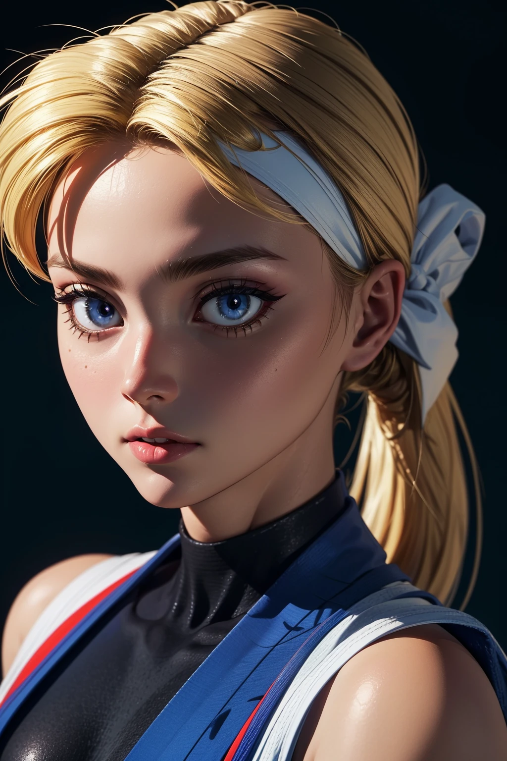 (masterpiece,  best quality:1.2),  solo,  RachealMC,  1girl,  white belt, fingerless gloves,  long hair,  ponytail,  blonde,  ((white headband)),  dougi,  black top,  blue robe,  ((medium shot,  portrait)),  perfect face,  perfect picture,  detailed eyes,  sharp focus, Apple_butt, Blender, High detailed,<lora:EMS-34736-EMS:0.100000>,<lora:EMS-248205-EMS:1.000000>,<lora:EMS-79-EMS:0.500000>