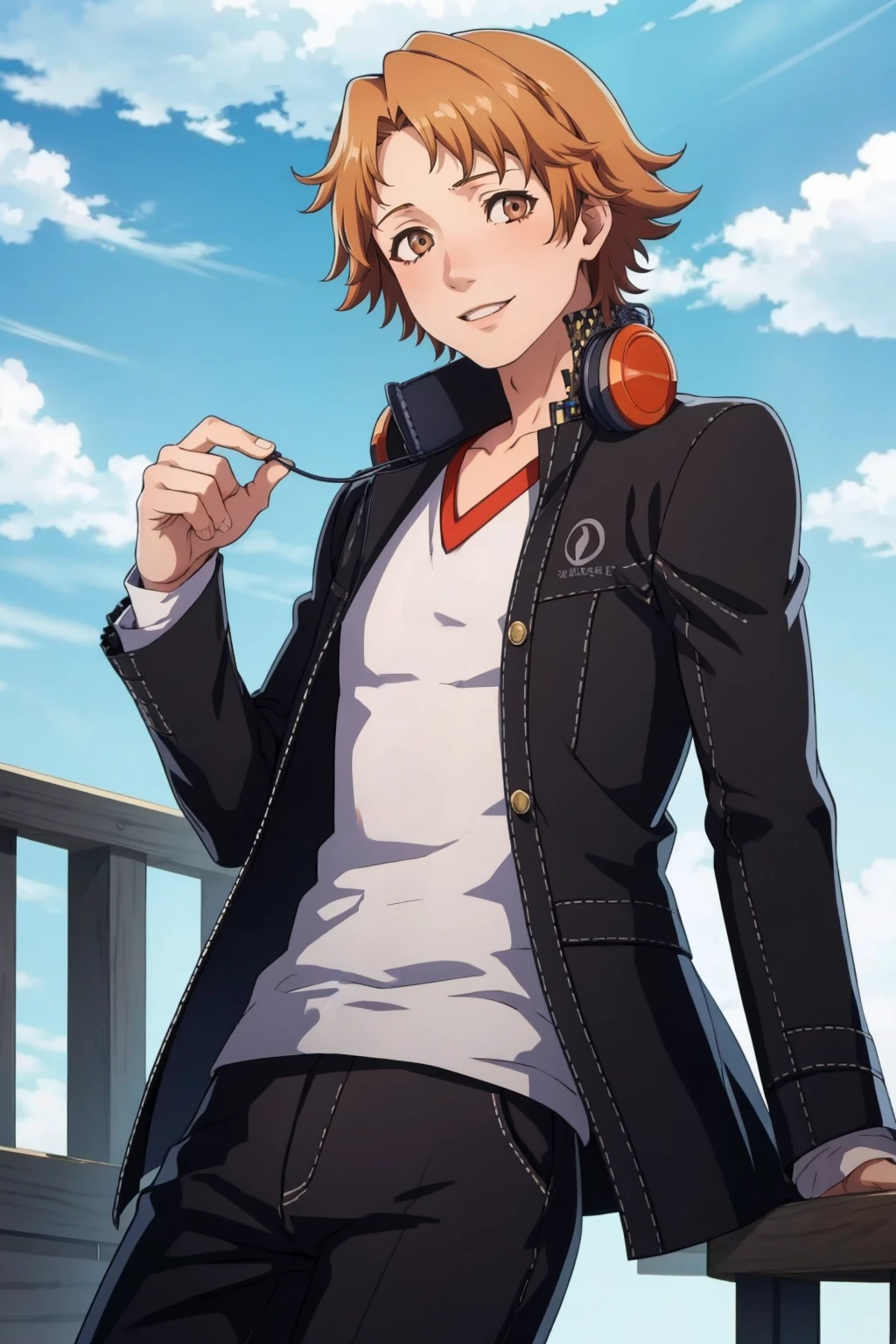 masterpiece, best quality, solo, 1boy, smile, looking at viewer, <lora:Yosuke_Fp_1:1>, yosukep4, school uniform, headphones, pants, , <lora:FE-ENGAGE S Rank_Fp:1>, sky, cloud,
