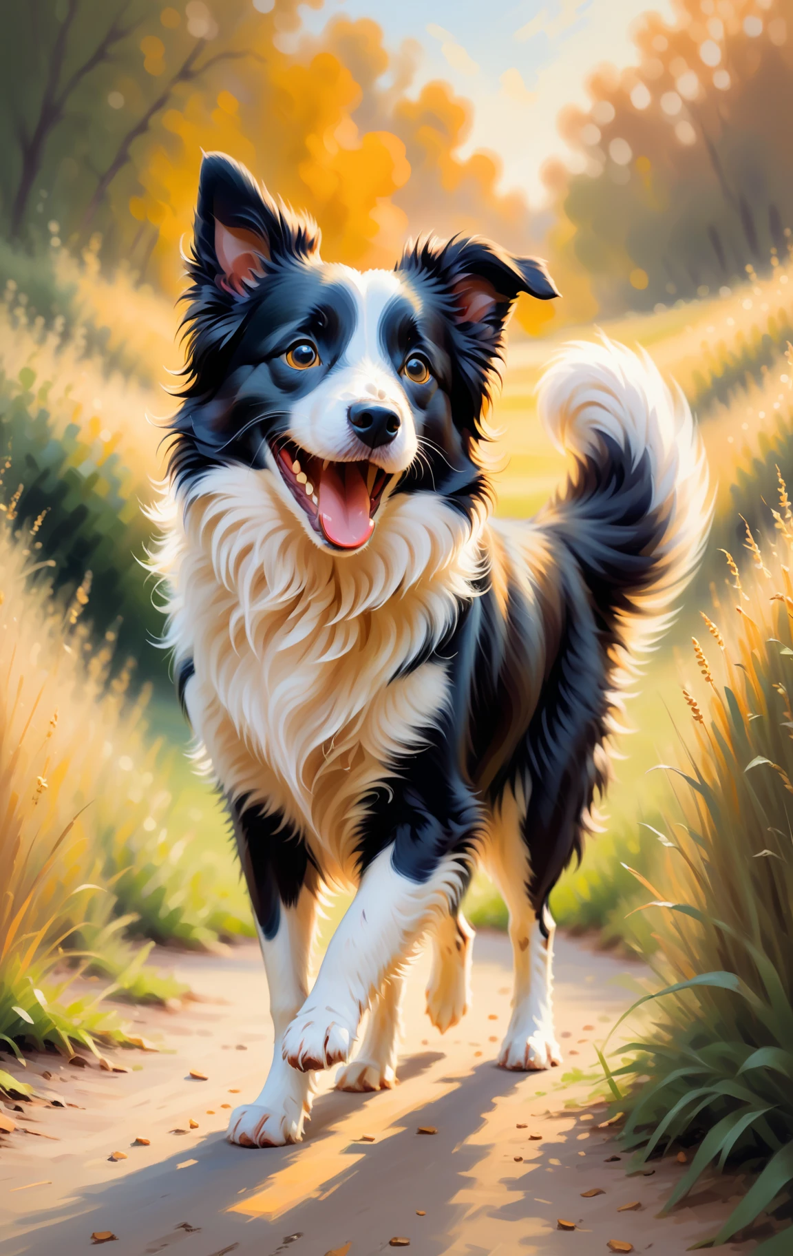 A cute border collie wagging its tail happily, Oil on canvas, Impressionism, [style of Claude Monet, style of Pierre-Auguste Renoir], Highly detailed painting, cheerful composition, warm color palette, Natural lighting, golden hour