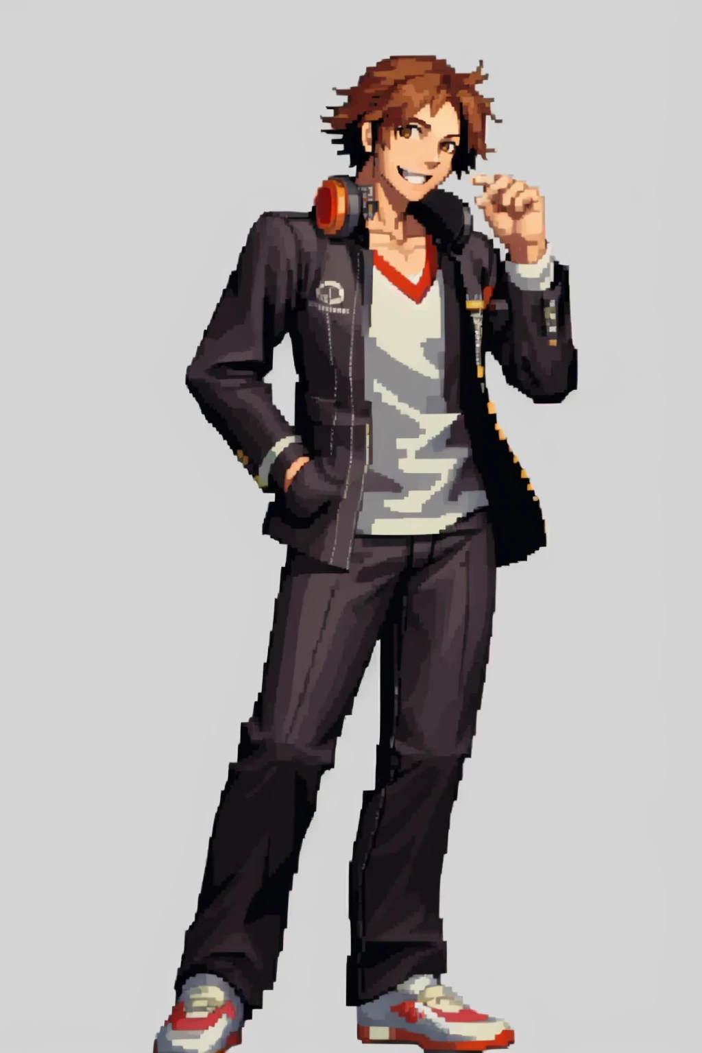 masterpiece, best quality, solo, 1boy, smile, looking at viewer, <lora:Yosuke_Fp_1:1>, yosukep4, school uniform, headphones, pants, <lora:SNK-Kof_sprites_Fp:0.8>, full body, simple background, standing,
